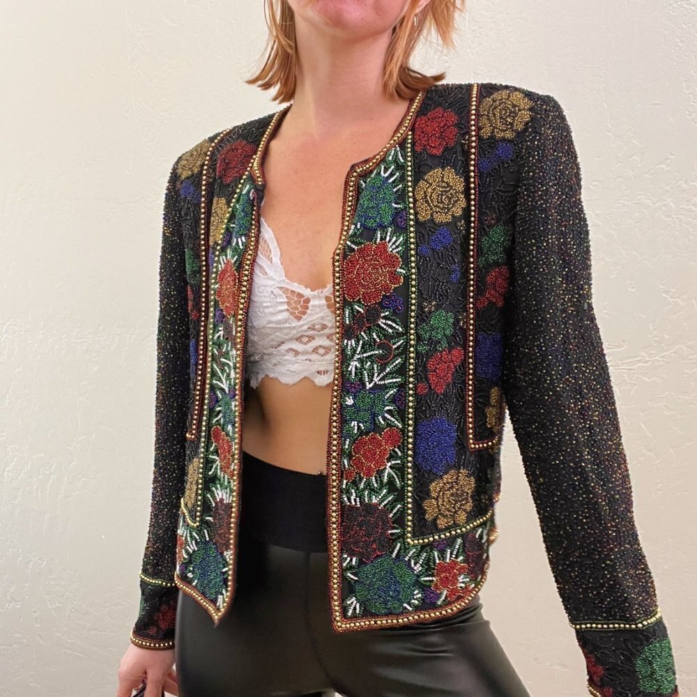 Vintage 1980's Adrianna Papell Black Beaded Formal Jacket